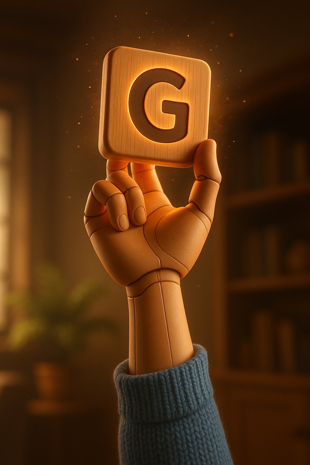 Gramia sosteniendo en alto una ficha con la letra G
