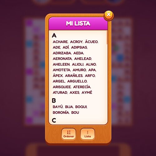Lista personal de palabras guardadas ordenadas alfabéticamente